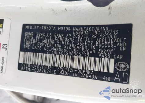 2013 Toyota Corolla Le from USA, damaged, VIN 2T1BU4EE9DC005119
